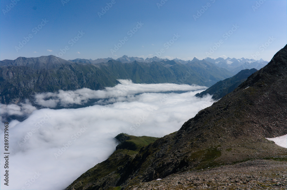 View from mountain lookouts near dombay in the greater caucasus, norther caucasus, can be reached by hiking or with a cable car, raw original