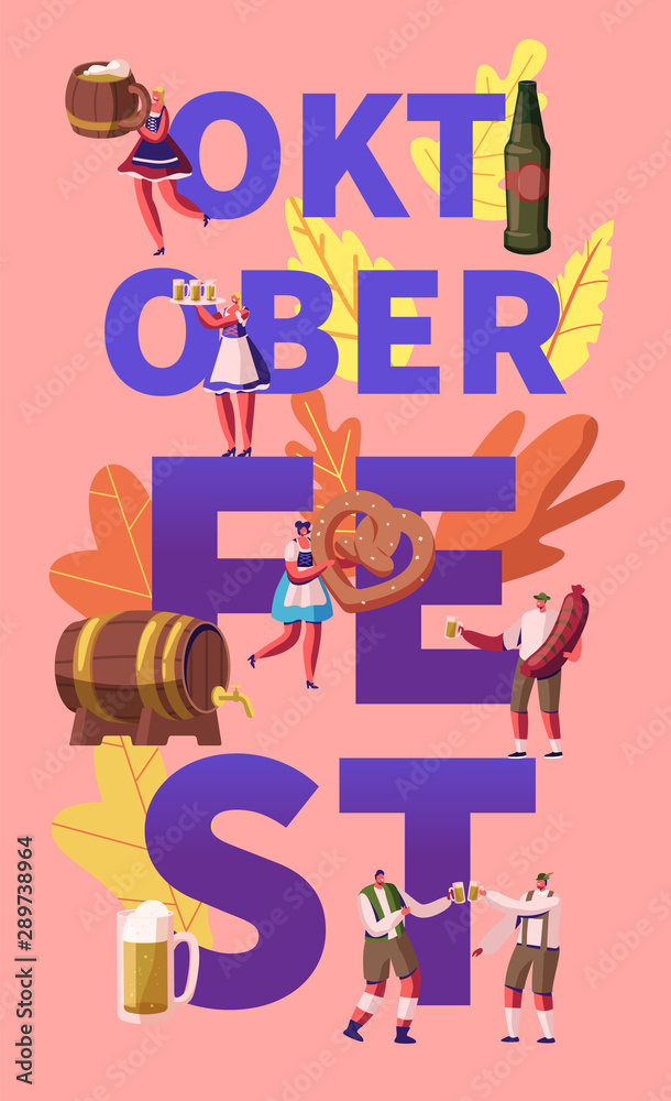 Oktoberfest Concept. Tiny Characters in German Costumes Eating and Drinking Traditional Beer and Food Walking around Huge Wooden Barrel Poster Banner Flyer Brochure Cartoon Flat Vector Illustration Oktoberfest Concept. Tiny Characters in German Costumes Eating and Drinking Traditional Beer and Food Walking around Huge Wooden Barrel Poster Banner Flyer Brochure Cartoon Flat Vector Illustration