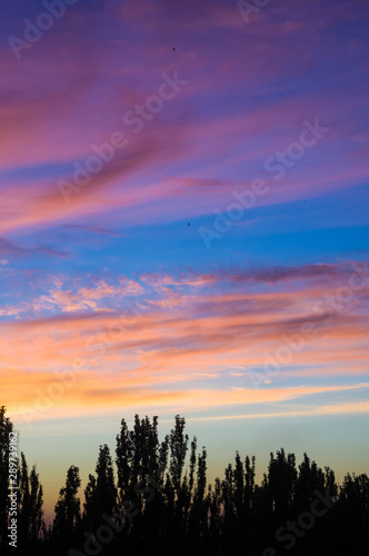 Landscape with dramatic light - beautiful golden sunset with saturated sky and clouds.