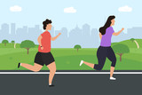 Men and women jogging running. People run in a city park against the background of the silhouette of the city, skyscrapers and buildings. Vector illustration in flat design.