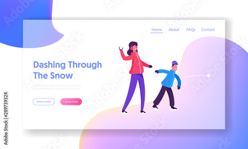 Winter Festive Season Outdoors Leisure and Activities Website Landing Page. Happy Family Young Mother and Little Son Playing Snowballs Fight on Street Web Page Banner. Cartoon Flat Vector Illustration