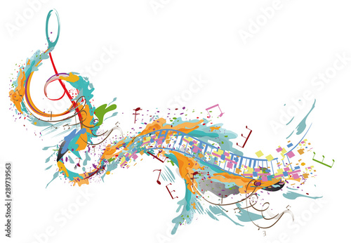 Abstract musical design with a treble clef and colorful splashes and waves. Hand drawn vector illustration.