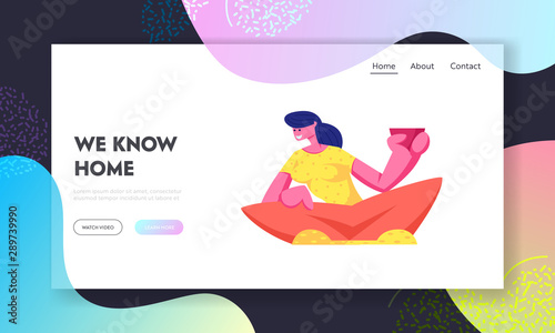 Young Woman Sitting with Cup of Tea or Coffee in Hand at Home Website Landing Page. Female Character Relaxing after Work, Having Leisure, Sparetime Web Page Banner. Cartoon Flat Vector Illustration