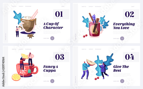 Cold Season Drinks Website Landing Page Set. Male and Female Characters Drinking Hot Beverage at Autumn or Winter Time. Cocoa Tea Mulled Wine Chocolate Web Page Banner Cartoon Flat Vector Illustration