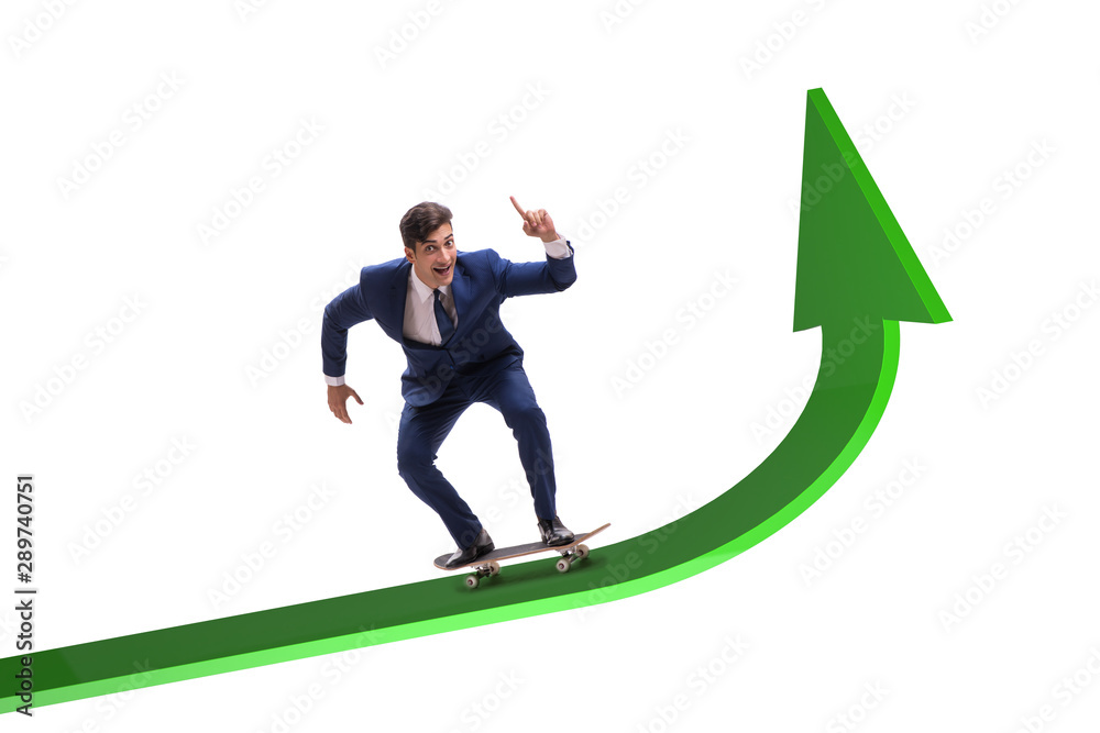 Businessman riding skateboard on financial graph Businessman riding skateboard on financial graph