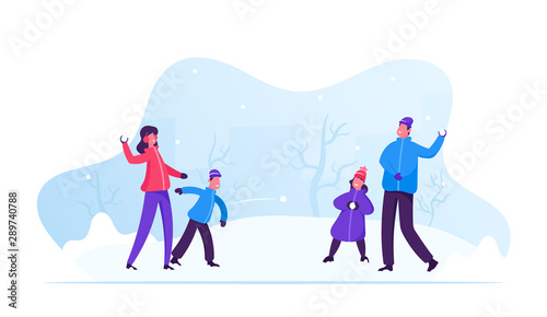 Young Happy Family of Parents and Kids Playing Snowball Fight and Having Snow Fun in Winter Day. Cheerful Mother and Father Playing Snowballs with Their Children. Cartoon Flat Vector Illustration
