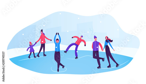 Happy People Wearing Warm Clothes Skating on Frozen Pond. Skaters on Ice Rink Engaged Winter Activities and Sports. Winter Holidays Festive Season, Family Spare Time. Cartoon Flat Vector Illustration