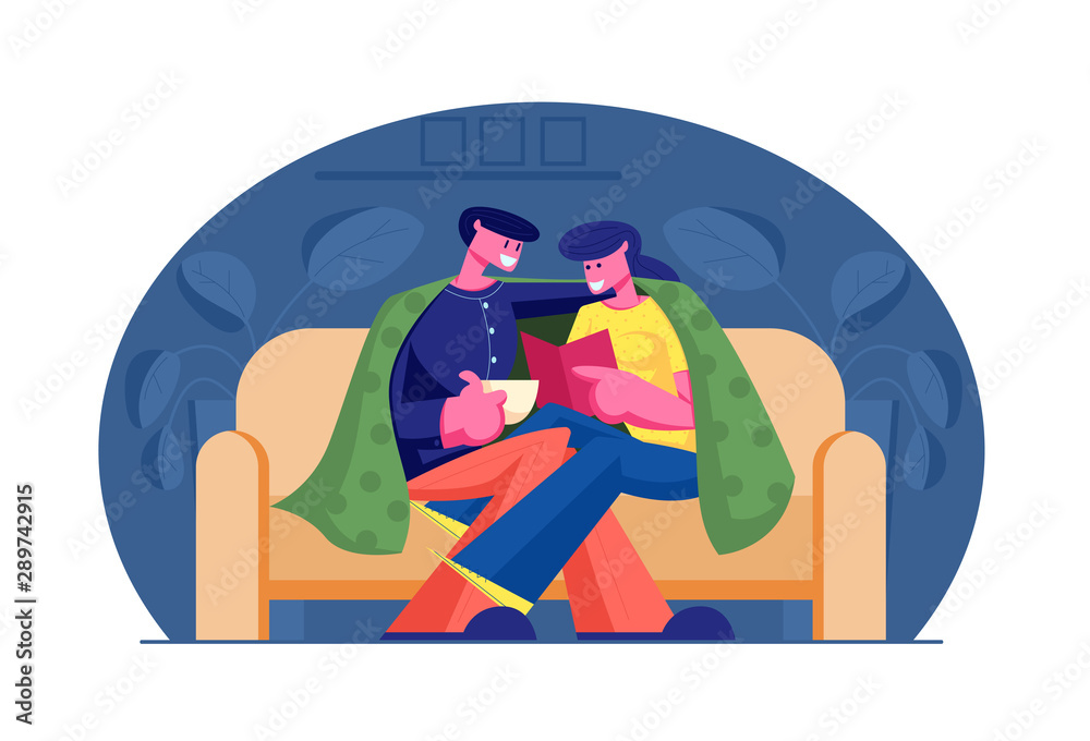 Fototapeta premium Young Loving Couple Spend Time at Home Sitting on Couch Together under Plaid Reading Book and Drinking Beverage on Weekend Evening. Love Leisure Sparetime, Day Off. Cartoon Flat Vector Illustration