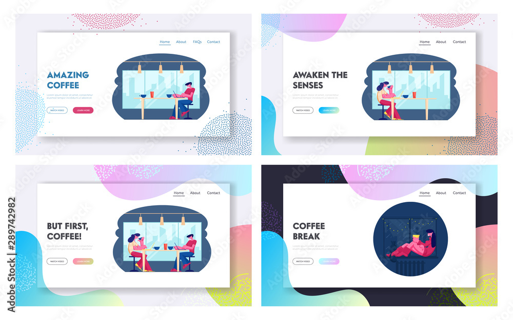People Visit Cafe and Relaxing at Home with Coffee Website Landing Page Set. Man and Woman Work on Laptop in Restaurant, Girl Sit at Window with Drink Web Page Banner. Cartoon Flat Vector Illustration People Visit Cafe and Relaxing at Home with Coffee Website Landing Page Set. Man and Woman Work on Laptop in Restaurant, Girl Sit at Window with Drink Web Page Banner. Cartoon Flat Vector Illustration