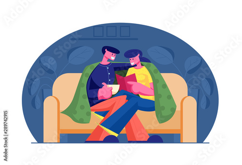 Young Loving Couple Spend Time at Home Sitting on Couch Together under Plaid Reading Book and Drinking Beverage on Weekend Evening. Love Leisure Sparetime, Day Off. Cartoon Flat Vector Illustration