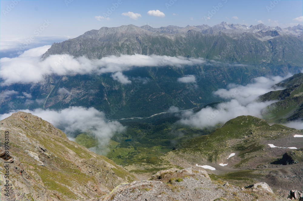 View from mountain lookouts near dombay in the greater caucasus, norther caucasus, can be reached by hiking or with a cable car, raw original