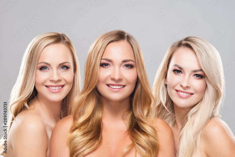 Studio portrait of young, beautiful and natural blond women over grey background. Close-up of smiling girls. Face lifting, plastic surgery, cosmetics and make-up. Studio portrait of young, beautiful and natural blond women over grey background. Close-up of smiling girls. Face lifting, plastic surgery, cosmetics and make-up.