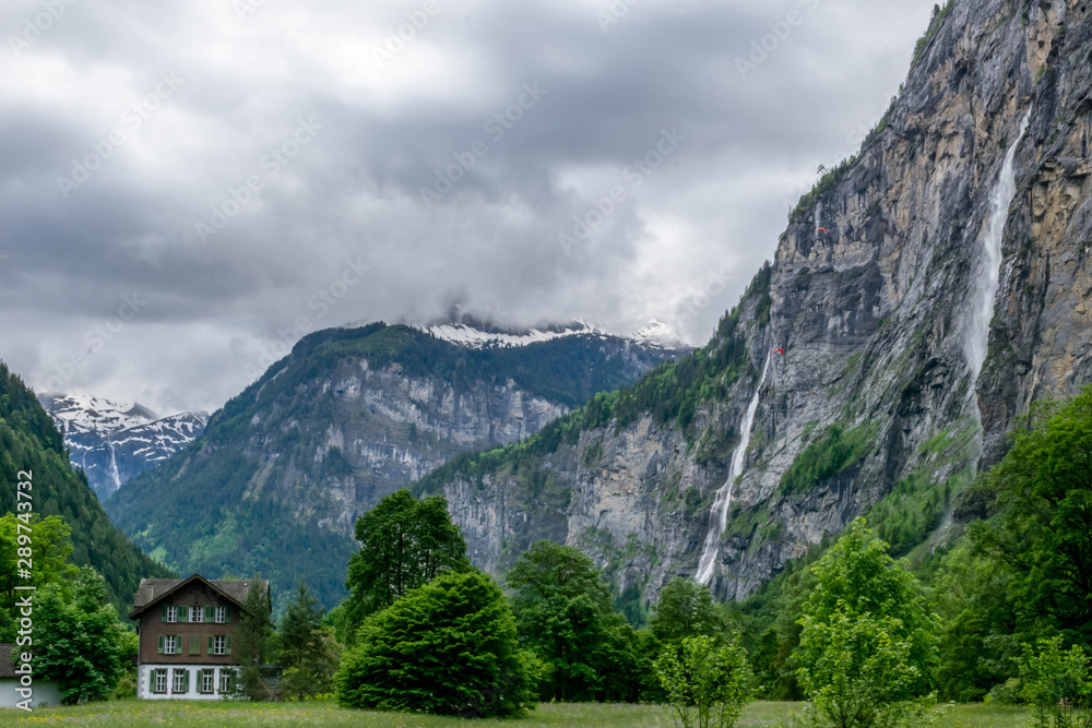 Cloudy Lauterbrunnen valley in Switzerland's Alps