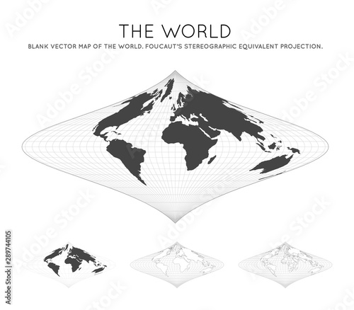 Map of The World. Focault's stereographic equivalent projection. Globe with latitude and longitude lines. World map on meridians and parallels background. Vector illustration.