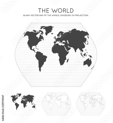 Map of the World. Ginzburg VIII projection. Globe with latitude and longitude lines. World map on meridians and parallels background. Vector illustration.