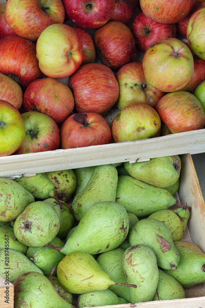 Pears and apples in wooden box