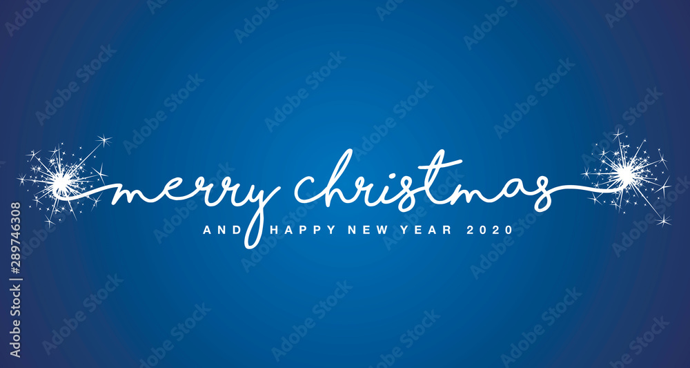 Merry Christmas and Happy New Year 2020 handwritten lettering tipography sparkle firework white blue background