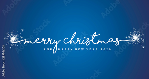 Merry Christmas and Happy New Year 2020 handwritten lettering tipography sparkle firework white blue background
