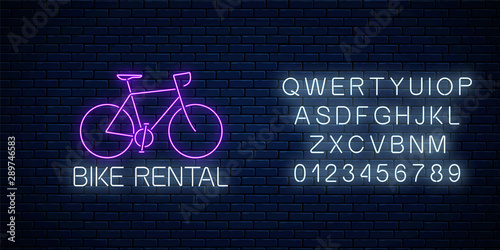 Bicycle rent glowing neon sign with alphabet. Bike rental symbol in neon style. Vector illustration.