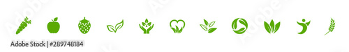 Vegan green bio icons set with carrot, apple, strawberry and leaves sign – stock vector