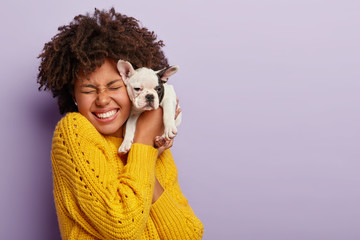 Dog owner and her pet. Happy ethnic curly girl holds cute little puppy near face, expresses love and care to domestic animal, buys dog of favourite breed, laughs, has eyes closed with pleasure