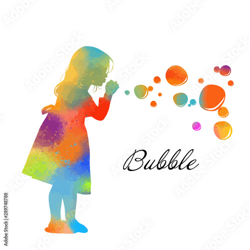 Silhouette of a girl blowing soap bubbles. Vector illustration