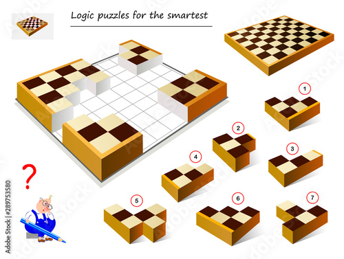 Logic puzzle game for smartest. Need to find correct place for each block and collect chess board. Printable page for brain teaser book. Developing spatial thinking. IQ training test. Vector image.