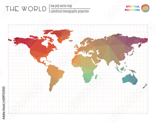 Polygonal world map. Cylindrical stereographic projection of the world. Spectral colored polygons. Neat vector illustration.