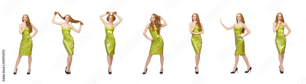 Red hair girl in sparkling green dress isolated on white Red hair girl in sparkling green dress isolated on white
