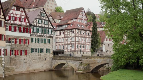 Fortress wall and Sandsteinbrucke bridge or Steinerner Steg. Half-timbered architecture. Schwabisch Hall. Germany
