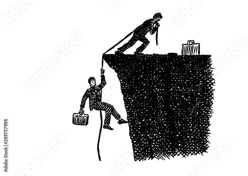 Sketch Of Businessman Pulling Teammate Atop Cliff