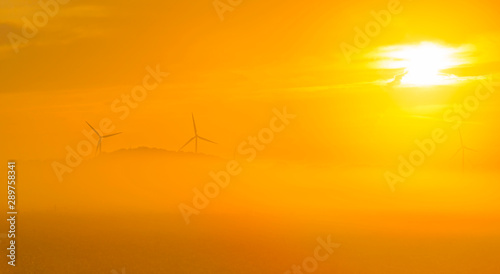 Sun shines on wind turbines in a foggy field at sunrise in summer