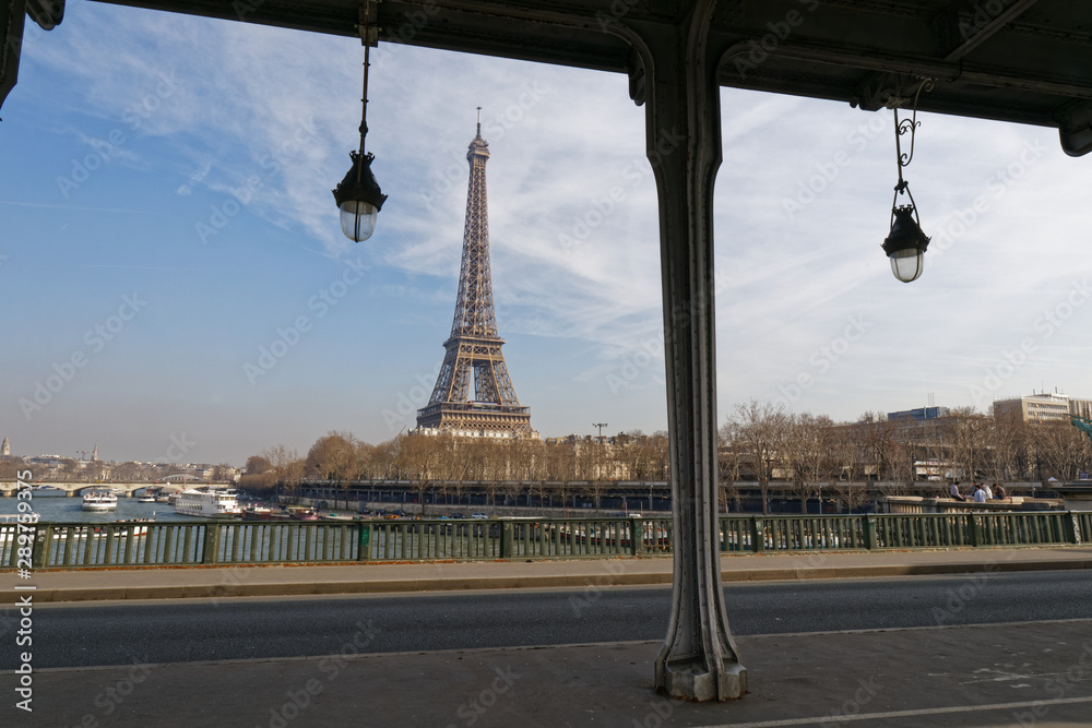 Paris, France - View to the Eiffel tower from Bir Hakeim bridge