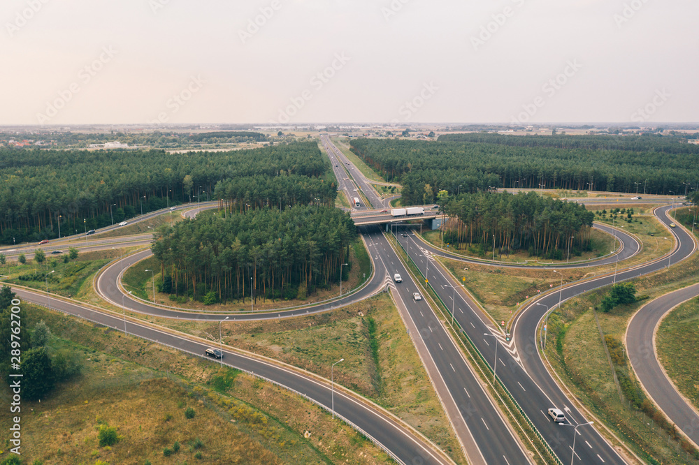 Aerial drone photography of highway intersection. 