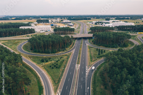 Aerial drone photography of highway intersection. 