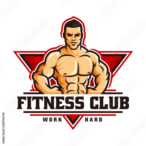 Fitness gym bodybuilder logo template in vector, with muscle man character