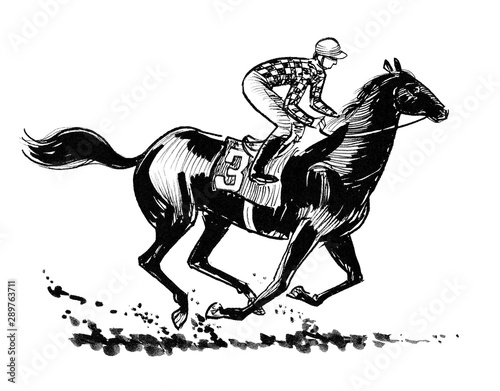 Jockey on a racing horse. Ink black and white drawing