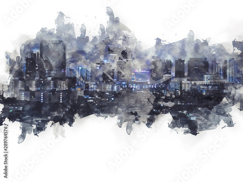 Abstract Building in the city on watercolor painting background. City on Digital illustration brush to art.