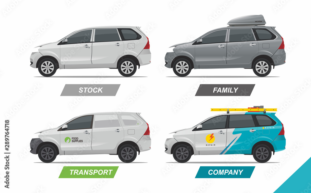 Set Illustration of family mpv, company transport vehicle and car branding for electricity repair and service vector