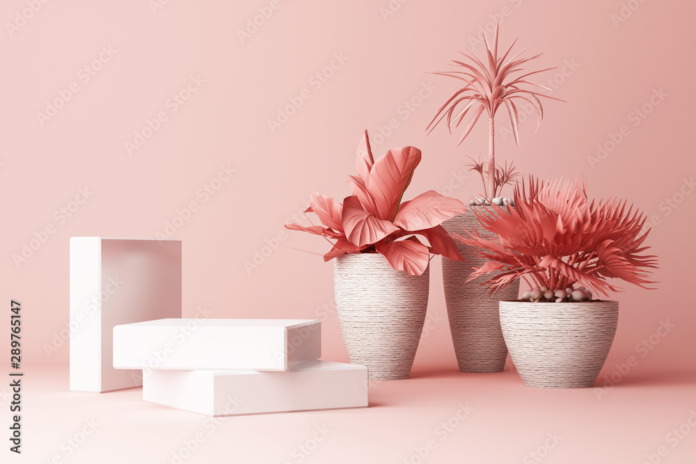 3D render of tropical plants isolated on pink background.