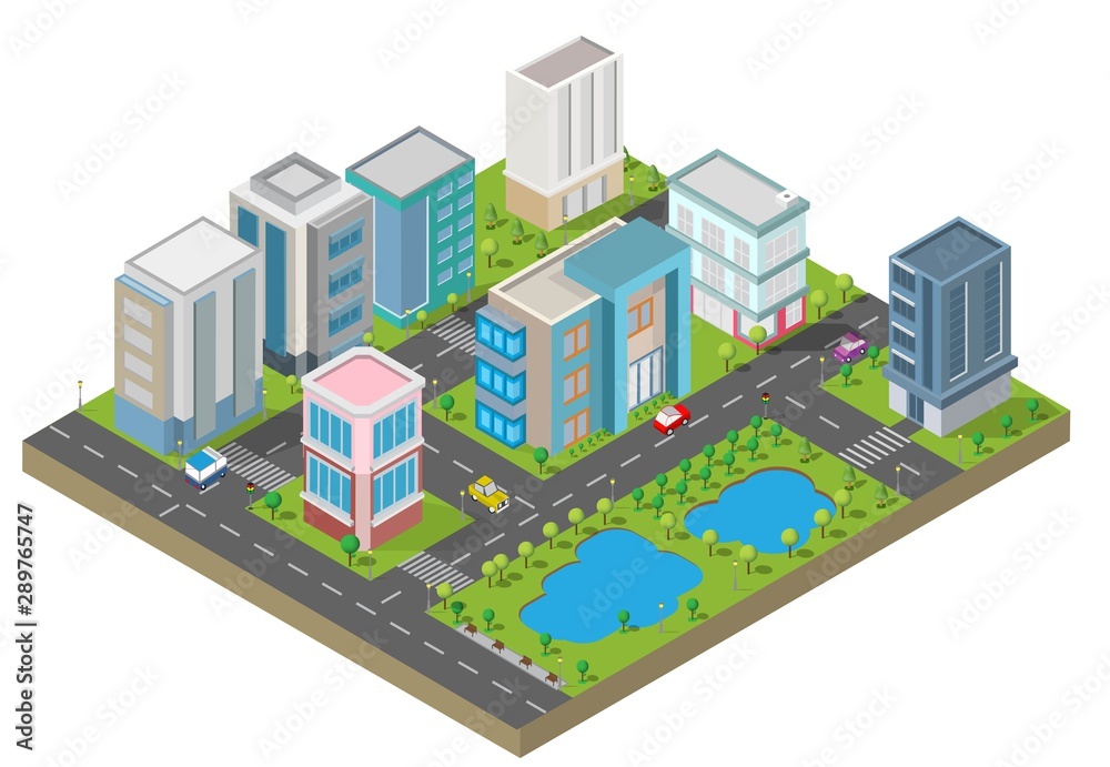 Isometric Building vector.They are on Yard with road and trees.smart city and public park.building 3d,cars,capital , Vector office and metropolis concept.
