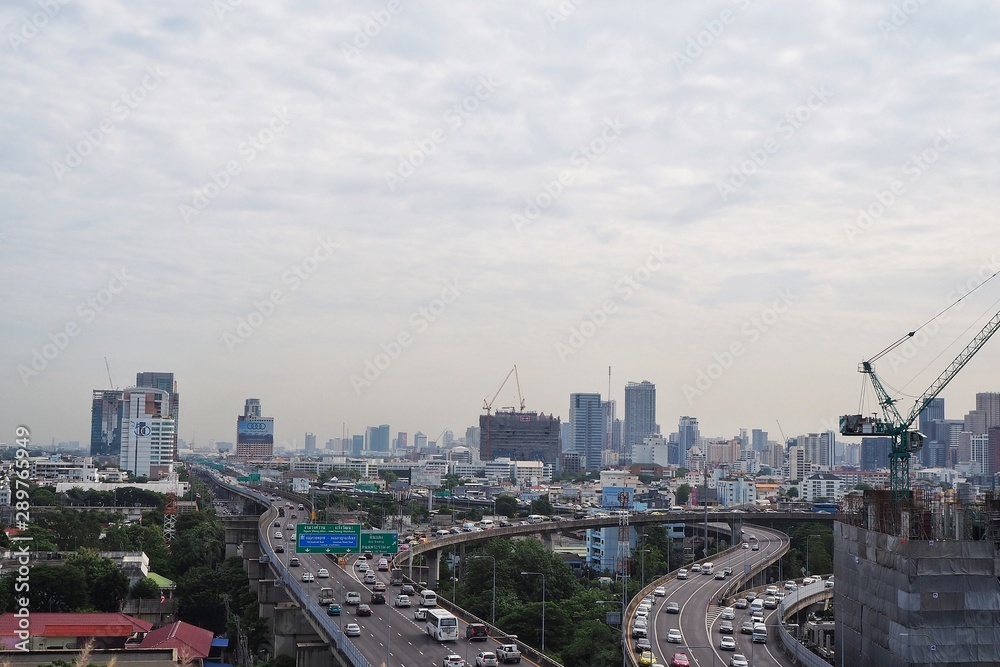 13 SEP 2019 , Top view of numerous cars in a traffic jam at Central of Bangkok , Thailand.   