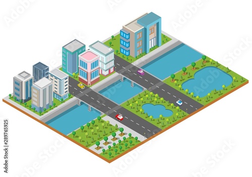 Isometric Building vector. They are  on Yard with road and trees.smart city and public park.building 3d cars capital   Vector office and metropolis concept.
