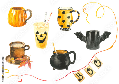 Set of funny watercolor Halloween cups in vector