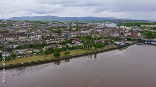 Aerial of St Eugene's and St Columb's cathedral in Derry city, Northern Ireland photo