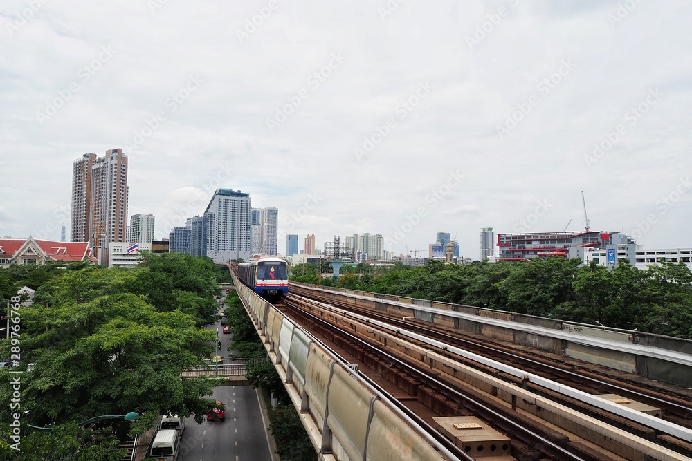 11 SEP 2019 , BTS Sky Train is running in downtown of Bangkok at Chatuchak or Mo Chit station , Bangkok , Thailand. 