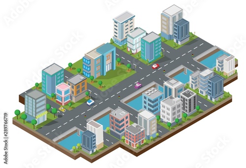 Isometric Building vector. They are  on Yard with road and trees.smart city and public park.building 3d,cars,capital , Vector office and metropolis concept.