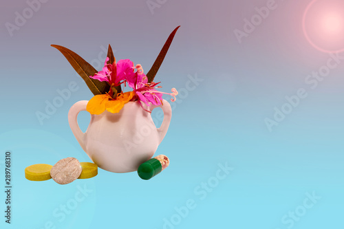 Phytotherapy pills from natural herbs and flowers.  The concept of herbal medicine and dietary supplements, and vitamins. isolated on blue background , toned