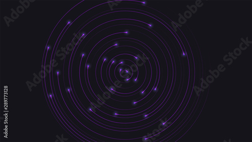 Modern background with radial moving and glowing lines. Lighting points on ends of lines. Dynamic flow on dark backdrop. Abstract circular pattern moving flow. Optical art, vector design elements.