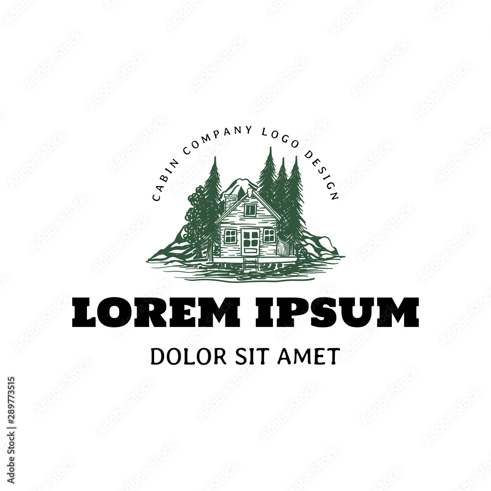 Nature log cabin in forest hand drawn logo